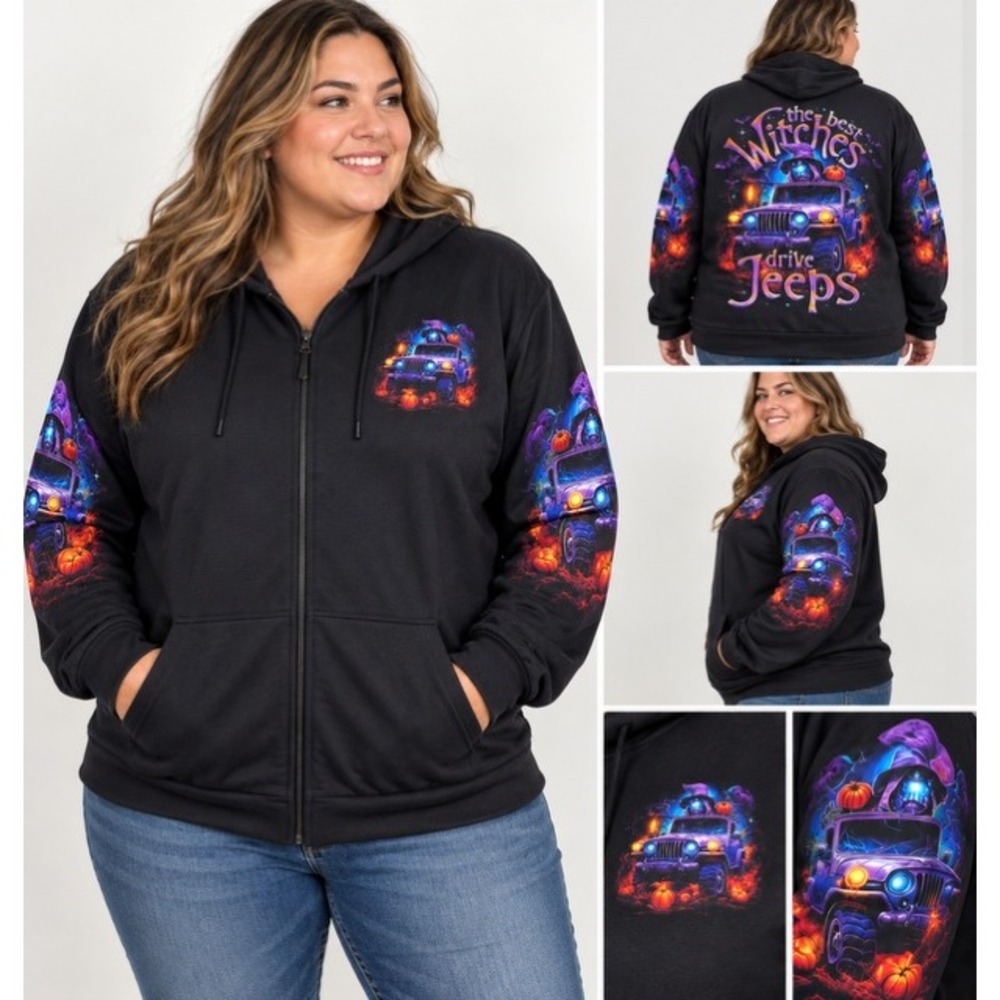Witches Drive Jeeps Halloween Zip Up Hoodie Black Graphic Sweatshirt 4XL